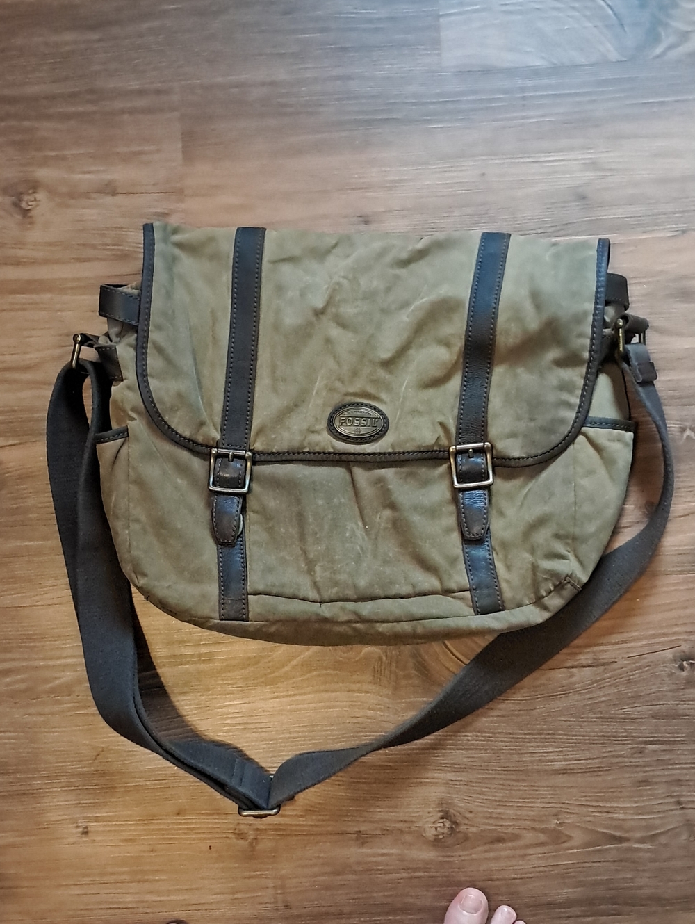 Fossil Olive Canvas Messenger with Dark Brown Trim